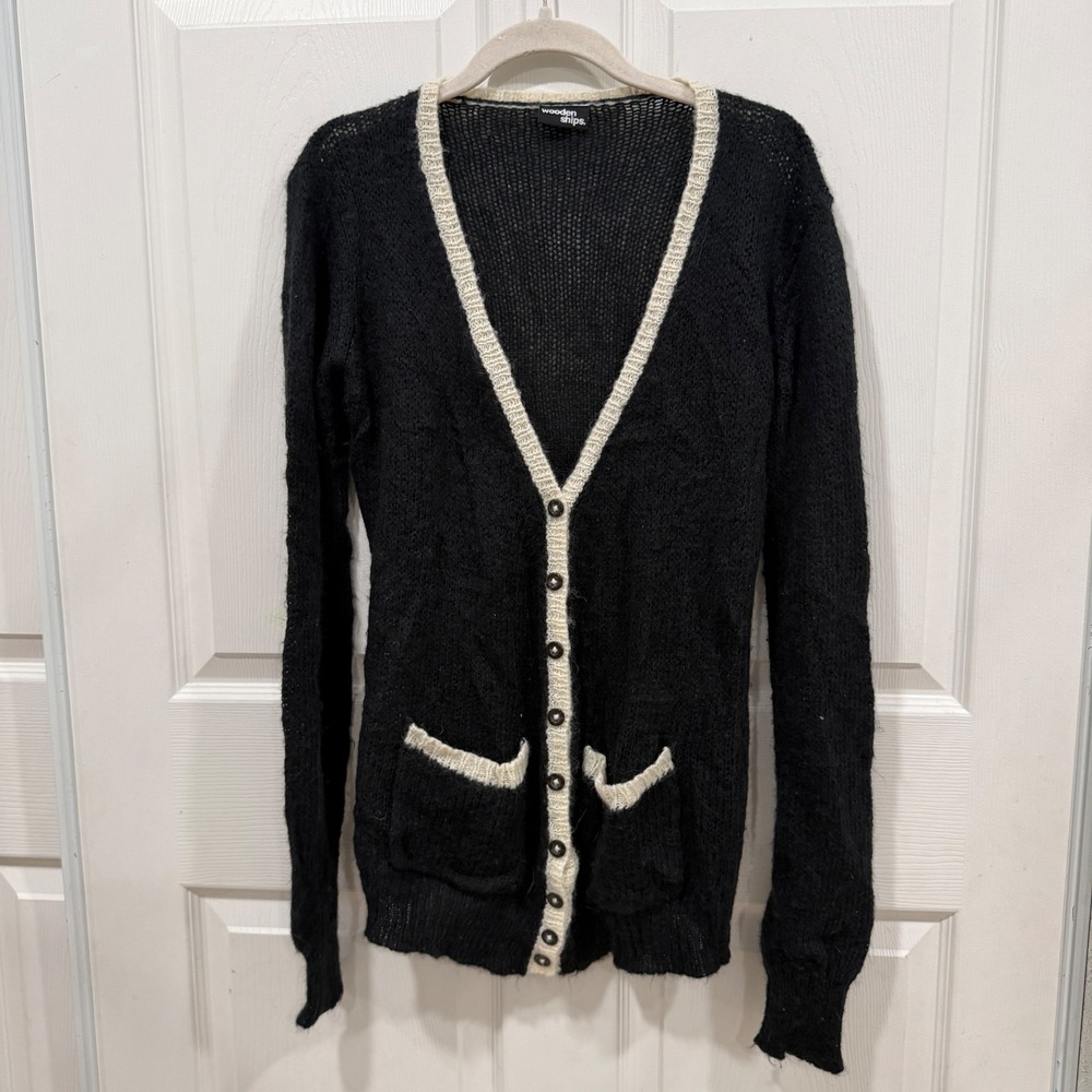 Wooden Ships Black Contrast Trim Knit Cardigan V-Neck Button Front Pockets